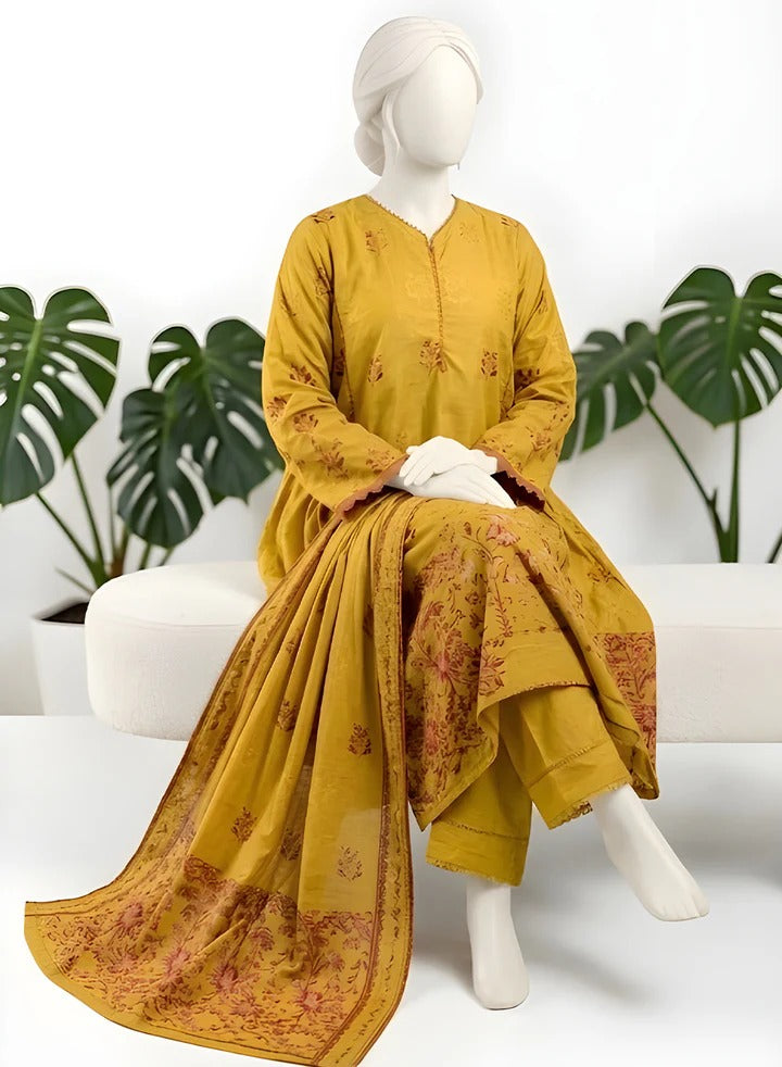 Almeerah-3PC-Unstitch Jacquard Lawn (Dark yellow)