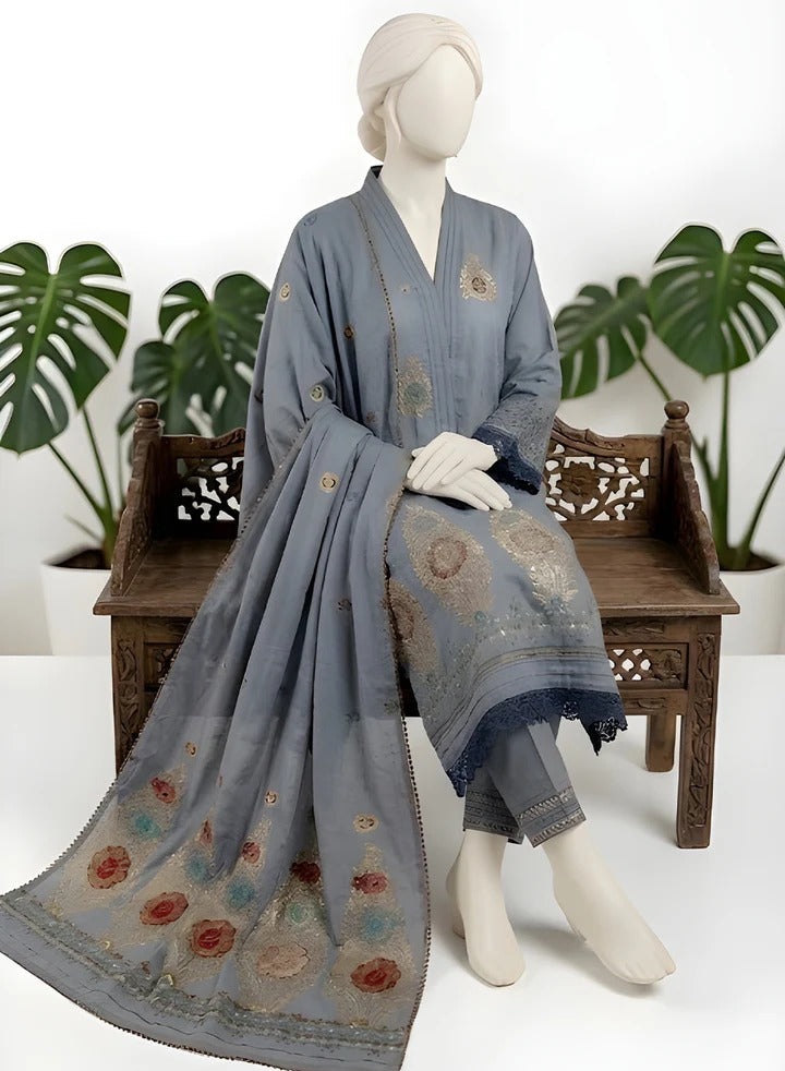 Almeerah-3PC-Unstitch Jacquard Lawn (Dark gray)