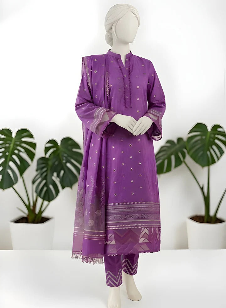 Almeerah-3PC-Unstitch Jacquard Lawn (Trendy purple)