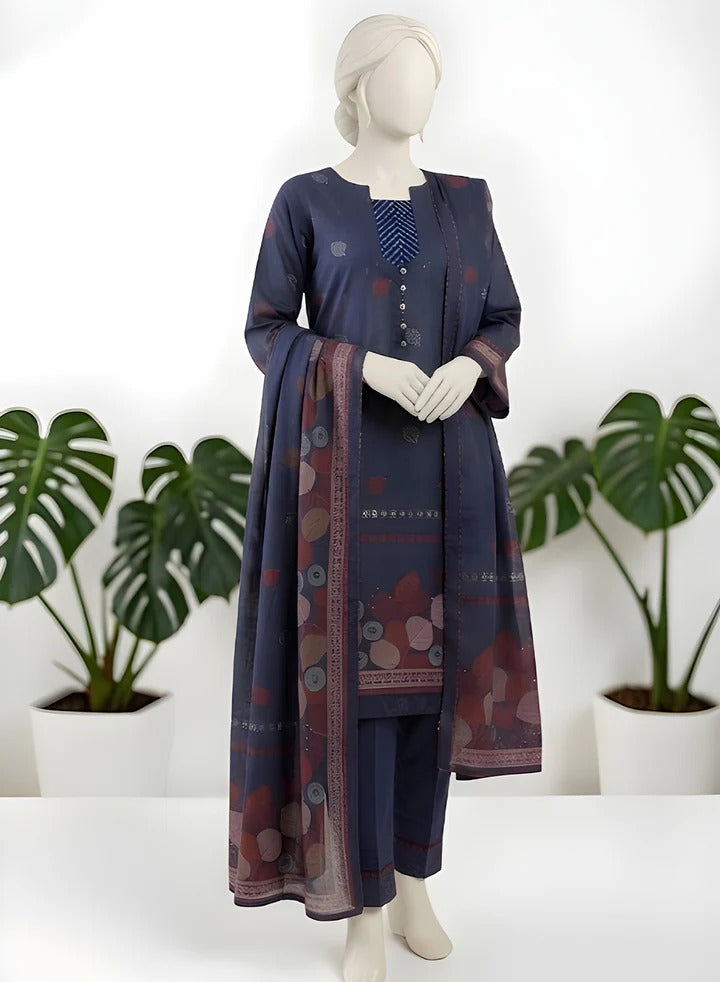 Almeerah-3PC-Unstitch Jacquard Lawn (Navy black)