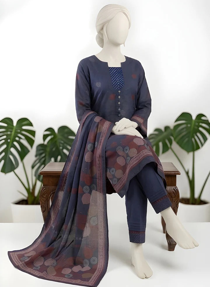 Almeerah-3PC-Unstitch Jacquard Lawn (Navy black)