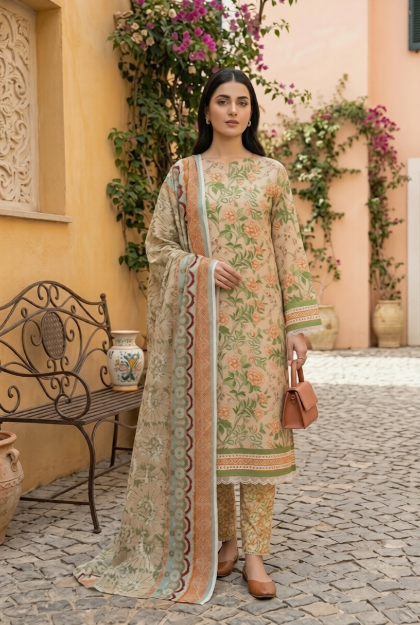 Keyseria By Jaffrani-3PC Unstitch Lawn Chapter-5-(Beige)
