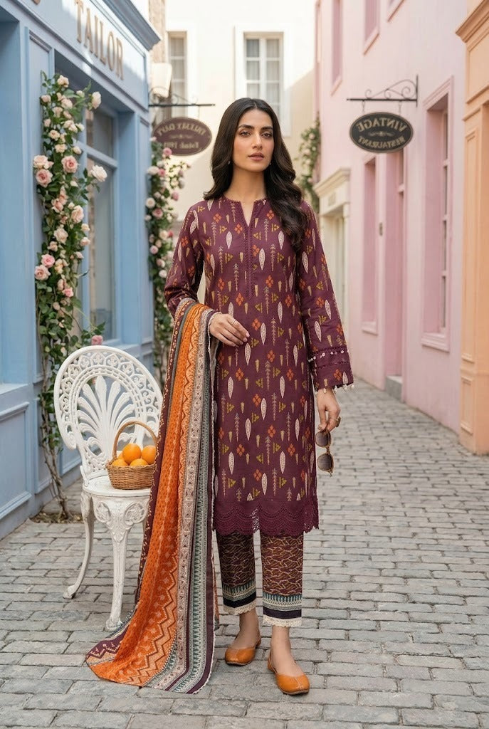 Keyseria By Jaffrani-3PC Unstitch Lawn Chapter-5-(Maroon shaded)