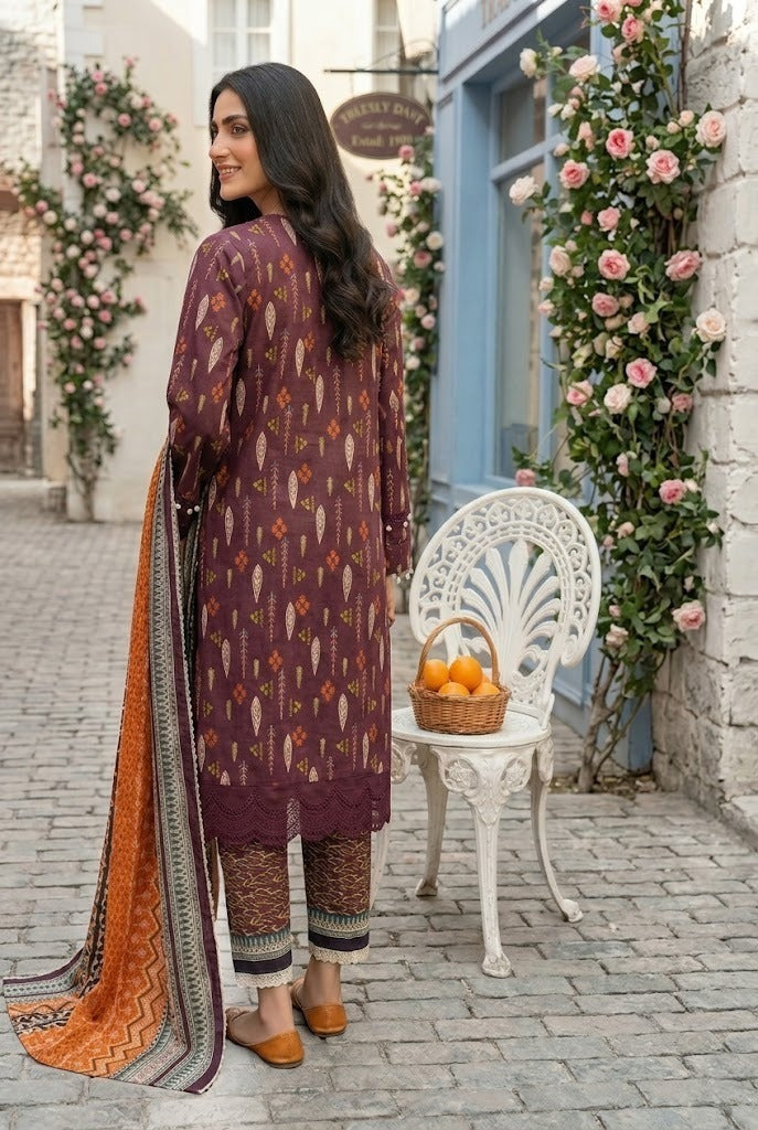 Keyseria By Jaffrani-3PC Unstitch Lawn Chapter-5-(Maroon shaded)