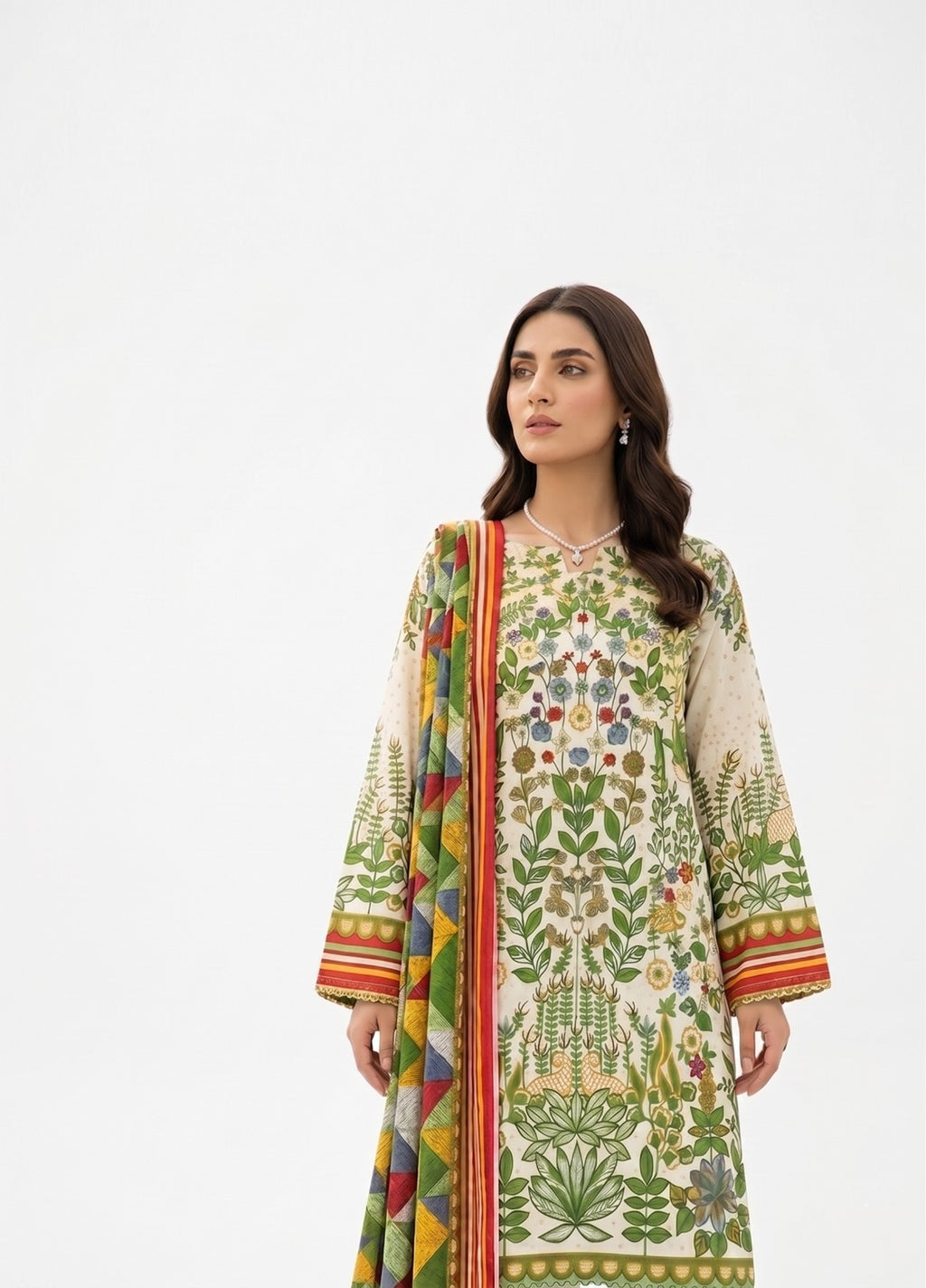 Keyseria By Jaffrani-3PC Unstitch Lawn Chapter-6 (Green & Cream)