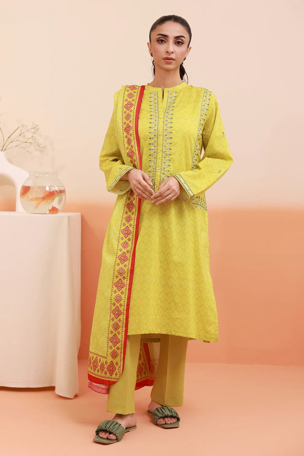 Zellbury Embroidered & Lawn Printed Kurta Dupatta and Trouser Set