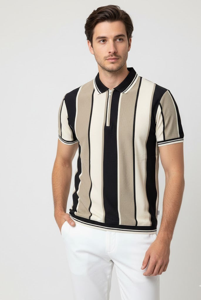 Men’s Vertical Stripe Old Money Polo Shirt | Zipper Coller