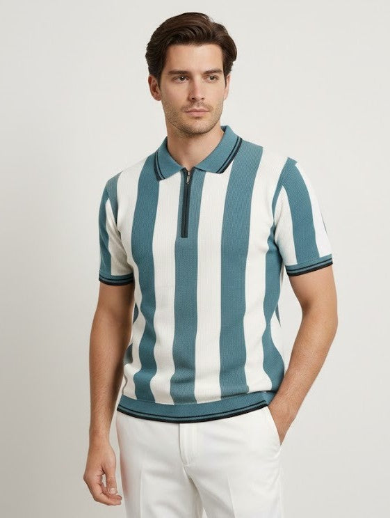 Men’s Vertical Stripe Old Money Polo Shirt | Zipper Coller