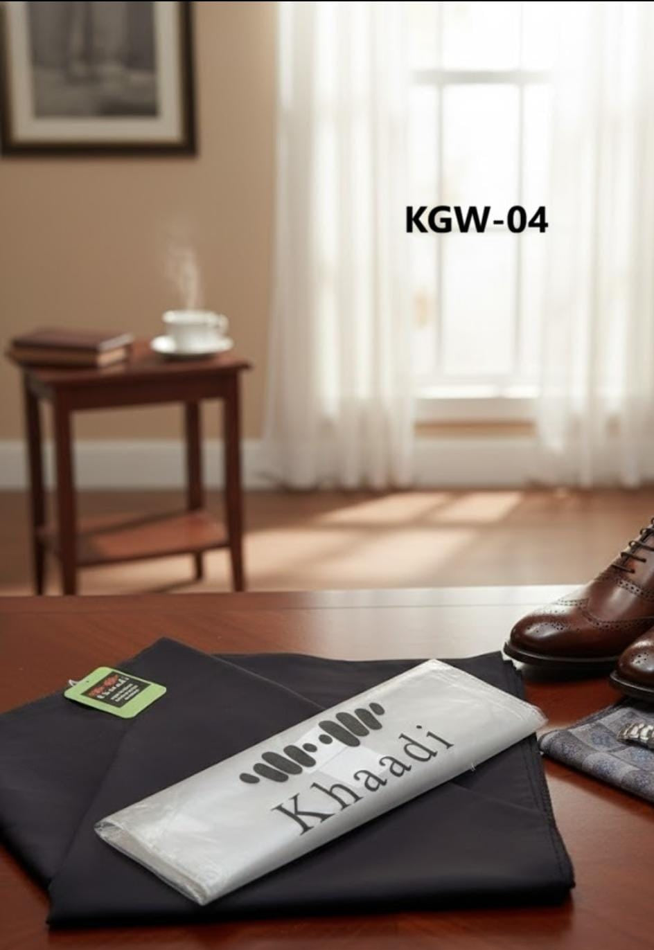 Khaadi branded fabric on a table with shoes and a watch in a room setting