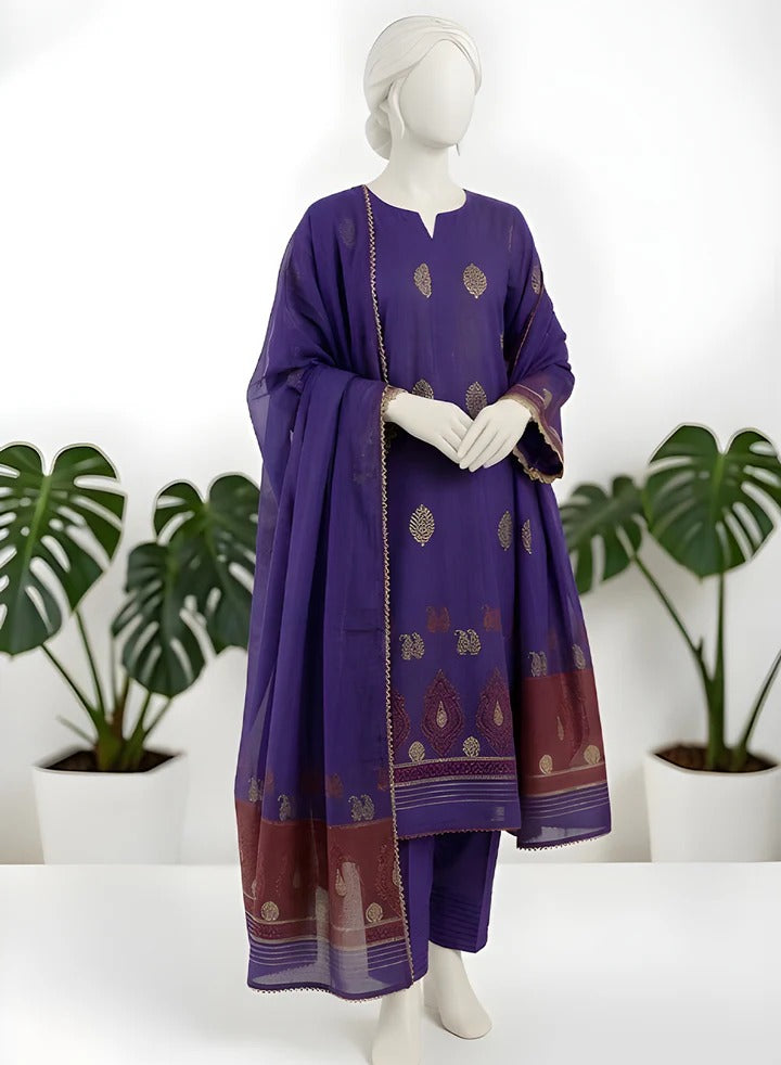 Almeerah-3PC-Unstitch Jacquard Lawn (Dark purple)