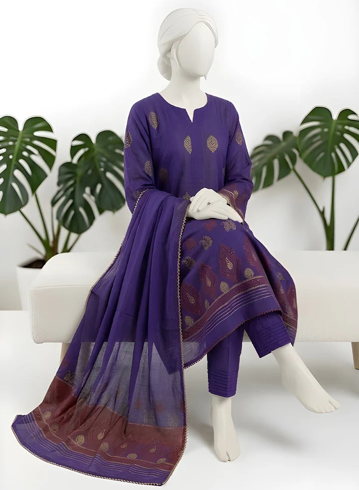 Almeerah-3PC-Unstitch Jacquard Lawn (Dark purple)