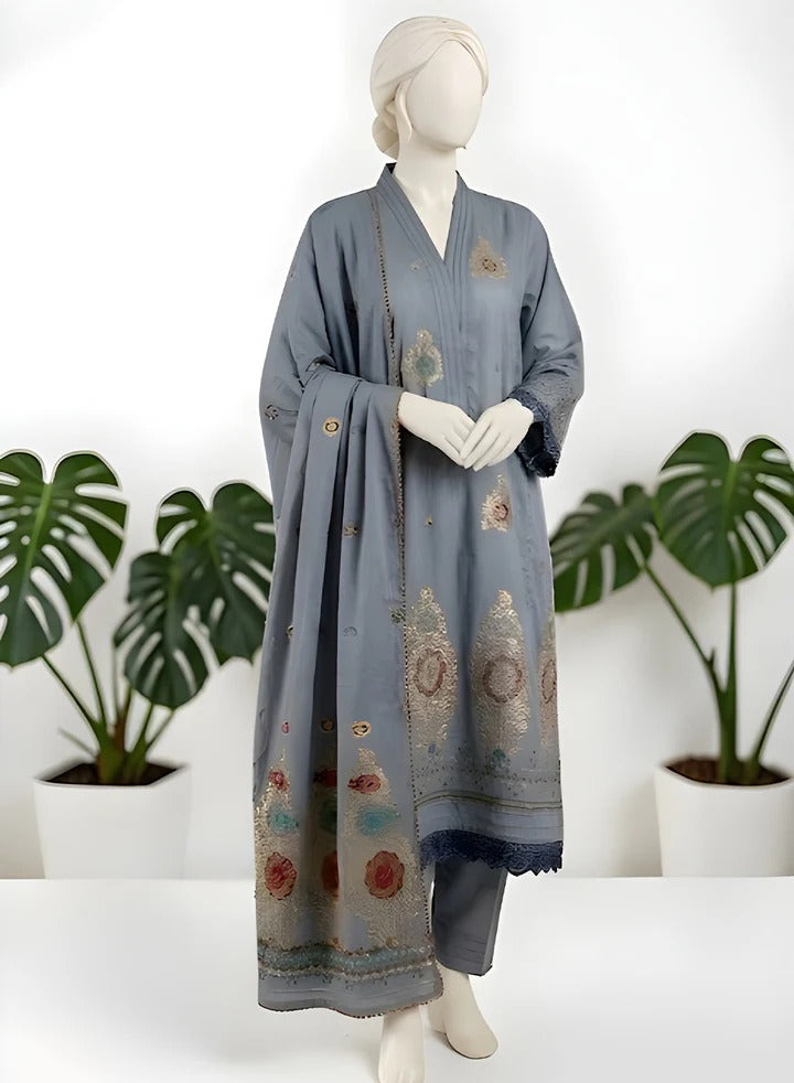 Almeerah-3PC-Unstitch Jacquard Lawn (Dark gray)