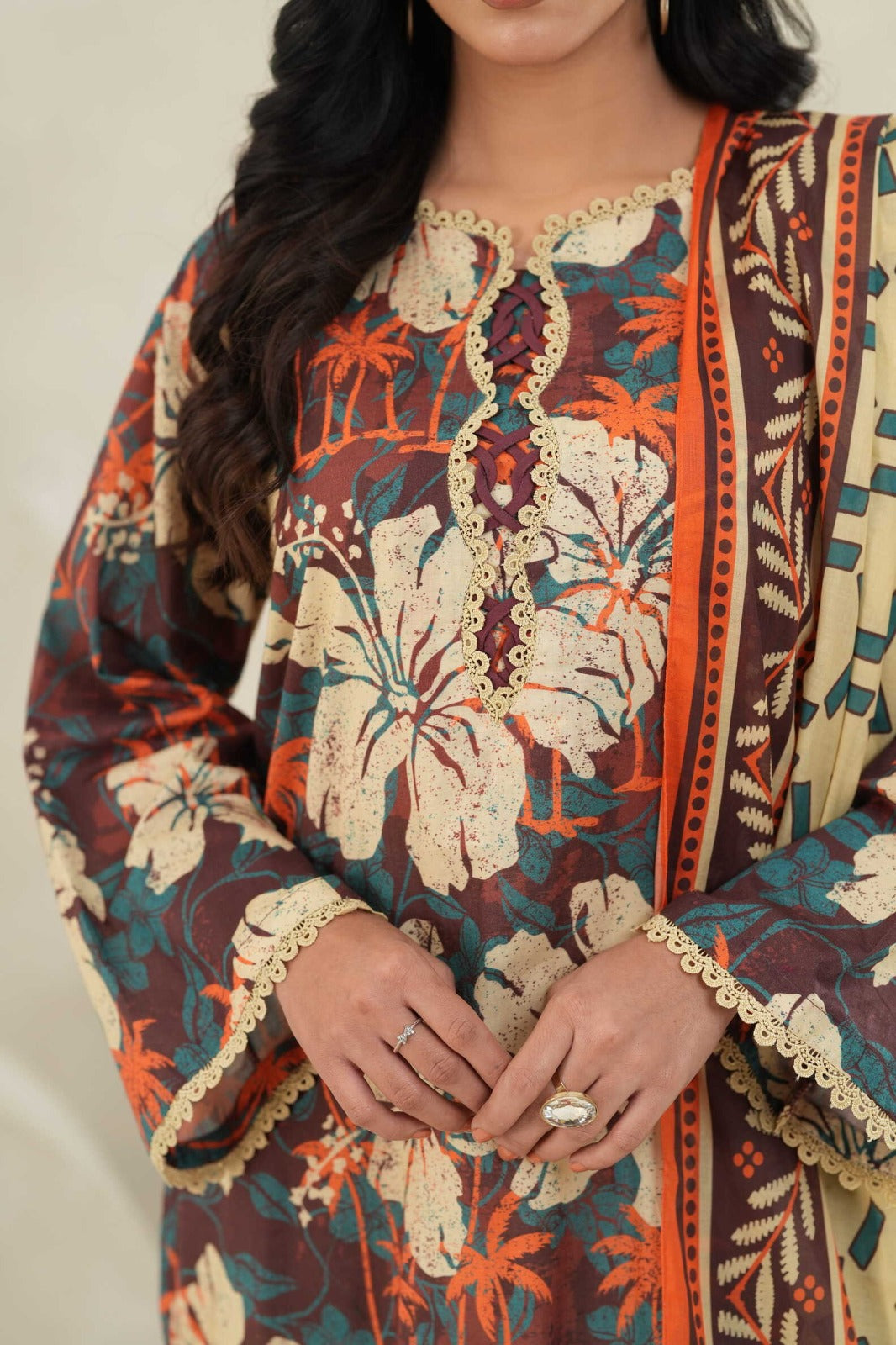 Sunset Ikat Elegance-3PC Printed Stitch Lawn Suit (Brown & cream)-PV1-SV32