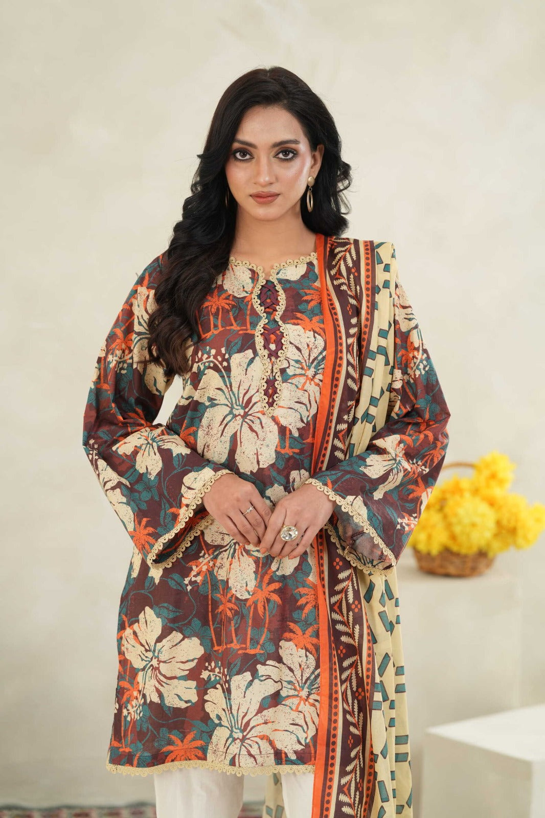Sunset Ikat Elegance-3PC Printed Stitch Lawn Suit (Brown & cream)-PV1-SV32
