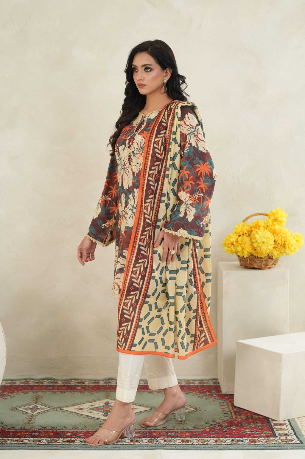Sunset Ikat Elegance-3PC Printed Stitch Lawn Suit (Brown & cream)-PV1-SV32