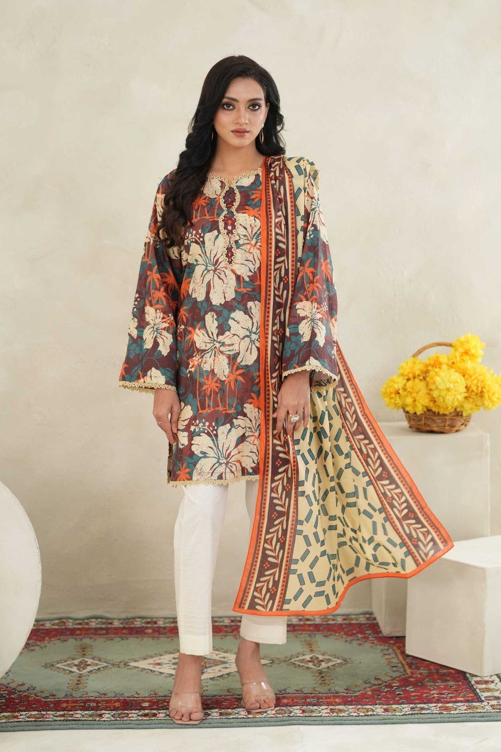 Sunset Ikat Elegance-3PC Printed Stitch Lawn Suit (Brown & cream)-PV1-SV32