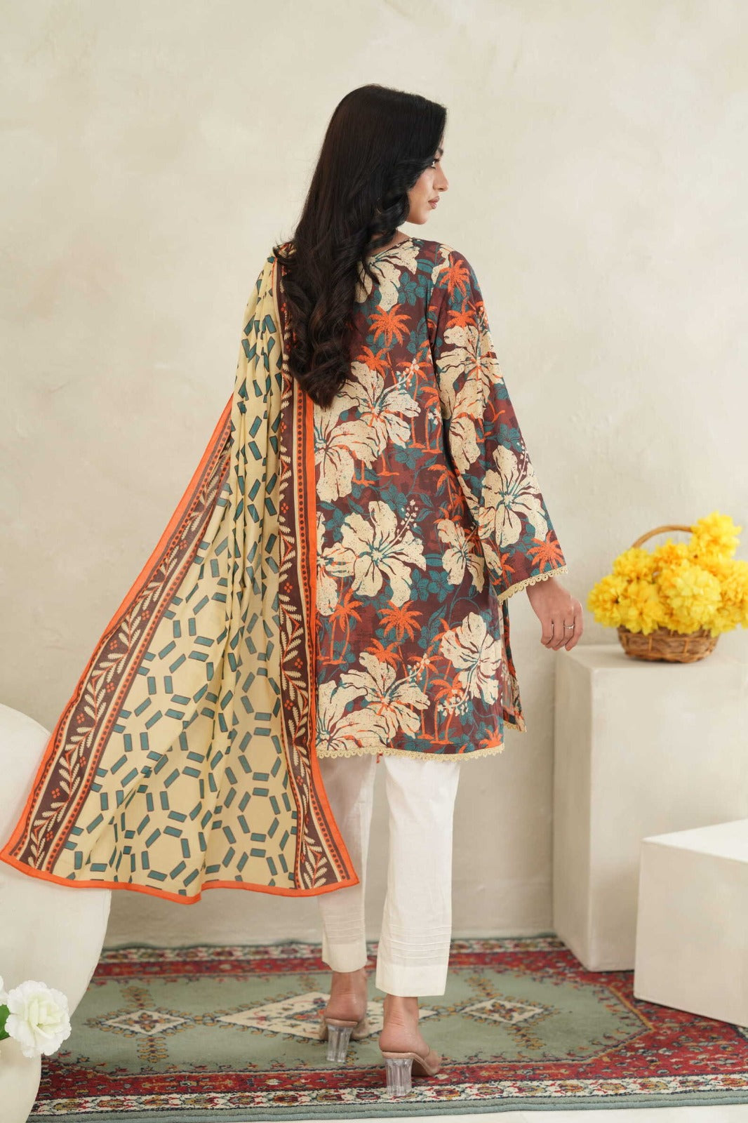 Sunset Ikat Elegance-3PC Printed Stitch Lawn Suit (Brown & cream)-PV1-SV32