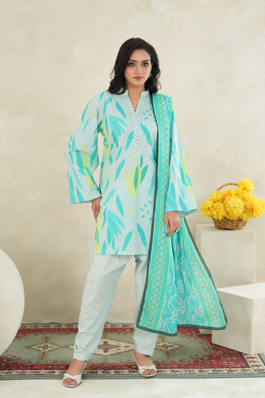 Sunset Ikat Elegance-3PC Printed Stitch Lawn Suit (Smalt blue)-PV1-SV33