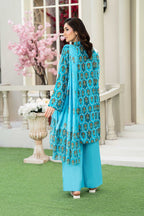 Sunset Ikat Elegance-3PC Printed Stitch Lawn Suit (Teal blue)-PV1-SV14