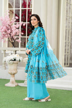 Sunset Ikat Elegance-3PC Printed Stitch Lawn Suit (Teal blue)-PV1-SV14