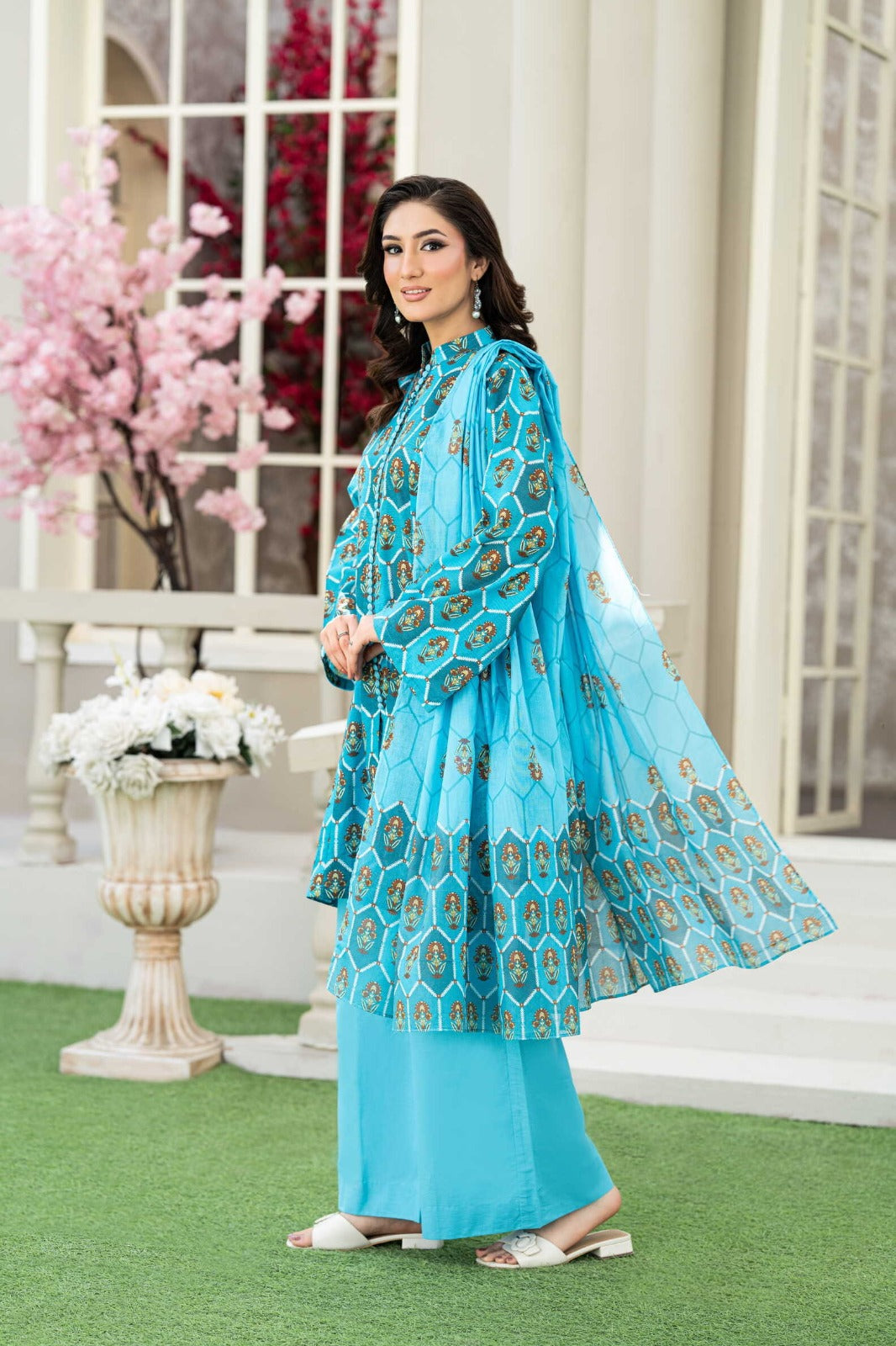 Sunset Ikat Elegance-3PC Printed Stitch Lawn Suit (Teal blue)-PV1-SV14
