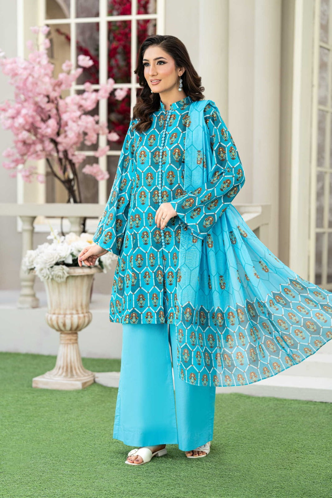 Sunset Ikat Elegance-3PC Printed Stitch Lawn Suit (Teal blue)-PV1-SV14