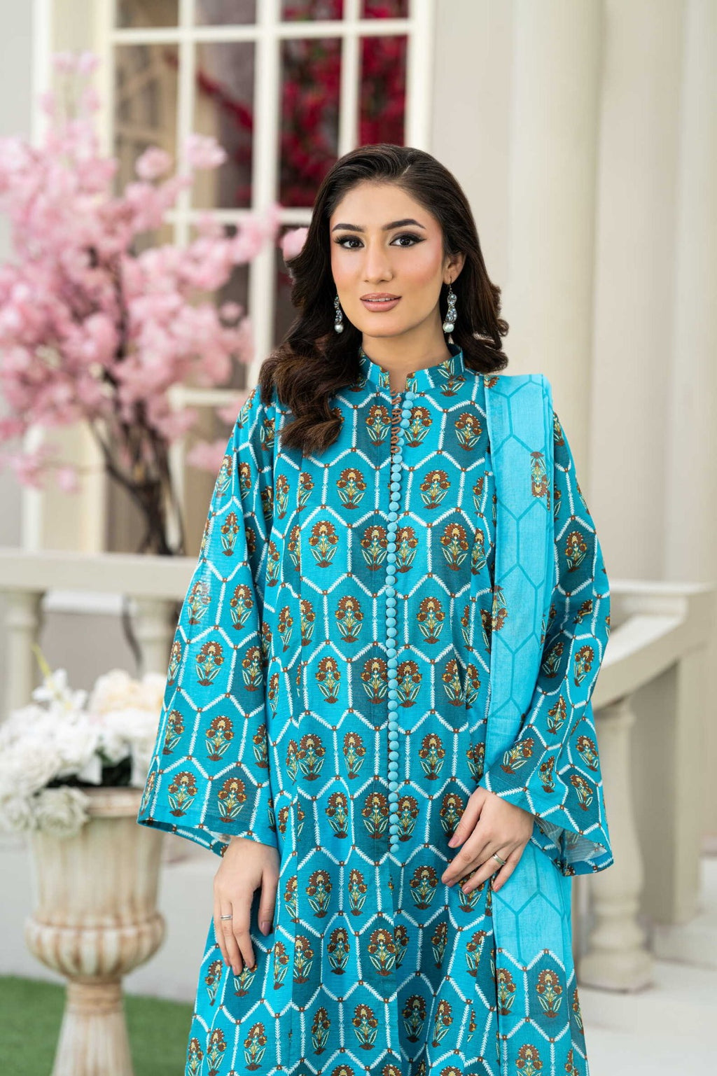 Sunset Ikat Elegance-3PC Printed Stitch Lawn Suit (Teal blue)-PV1-SV14