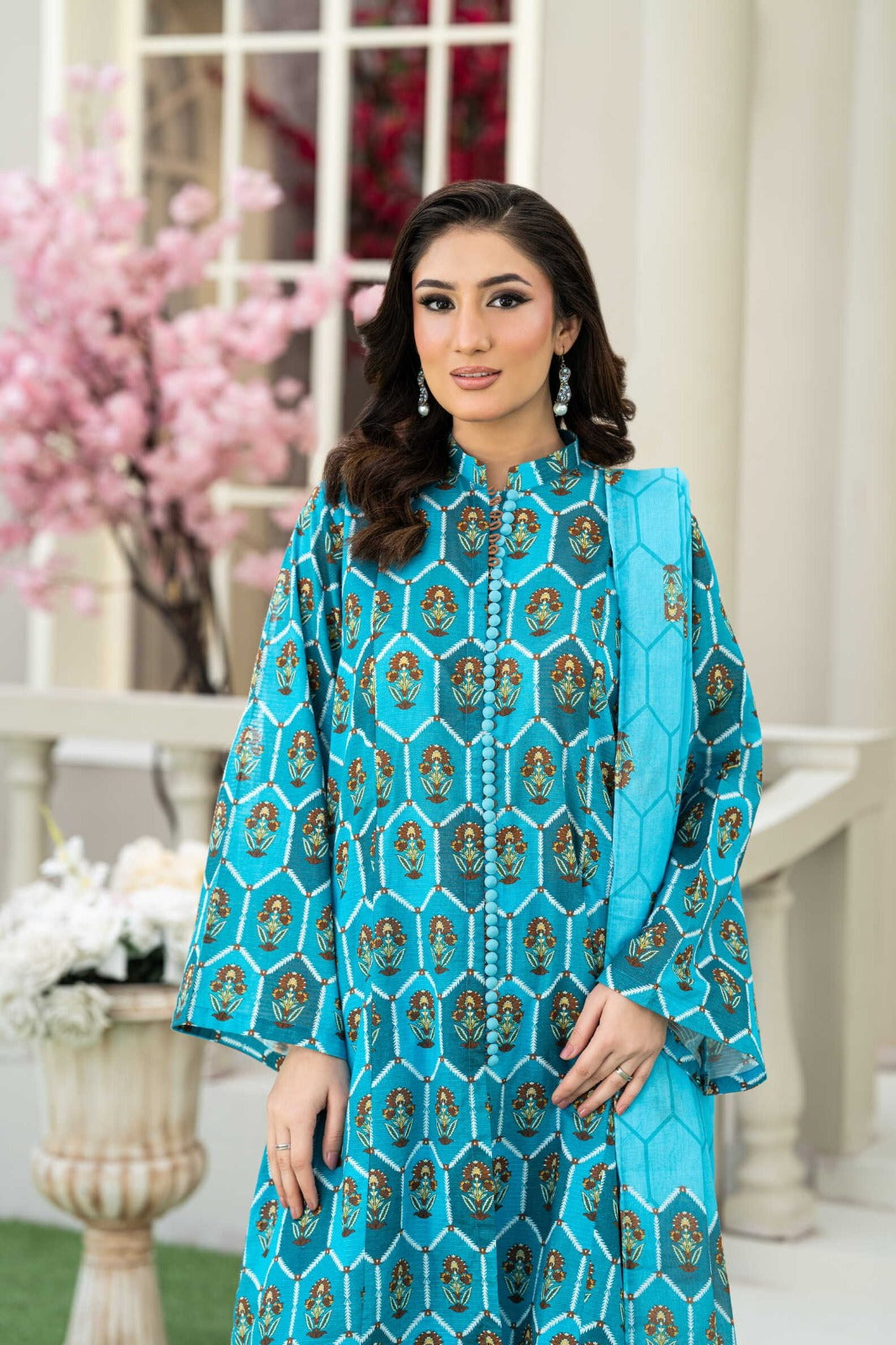 Sunset Ikat Elegance-3PC Printed Stitch Lawn Suit (Teal blue)-PV1-SV14