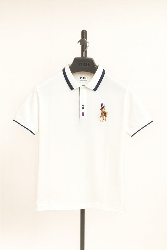 White Polo shirt with brand logo on a mannequin against a white background