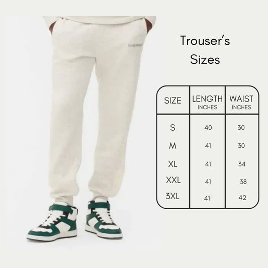 White pants with a size chart on a white background