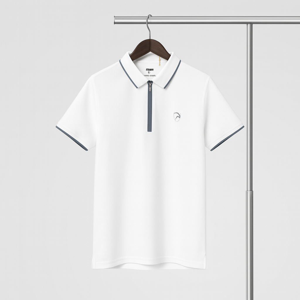 White polo shirt with black accents on a hanger against a light gray background