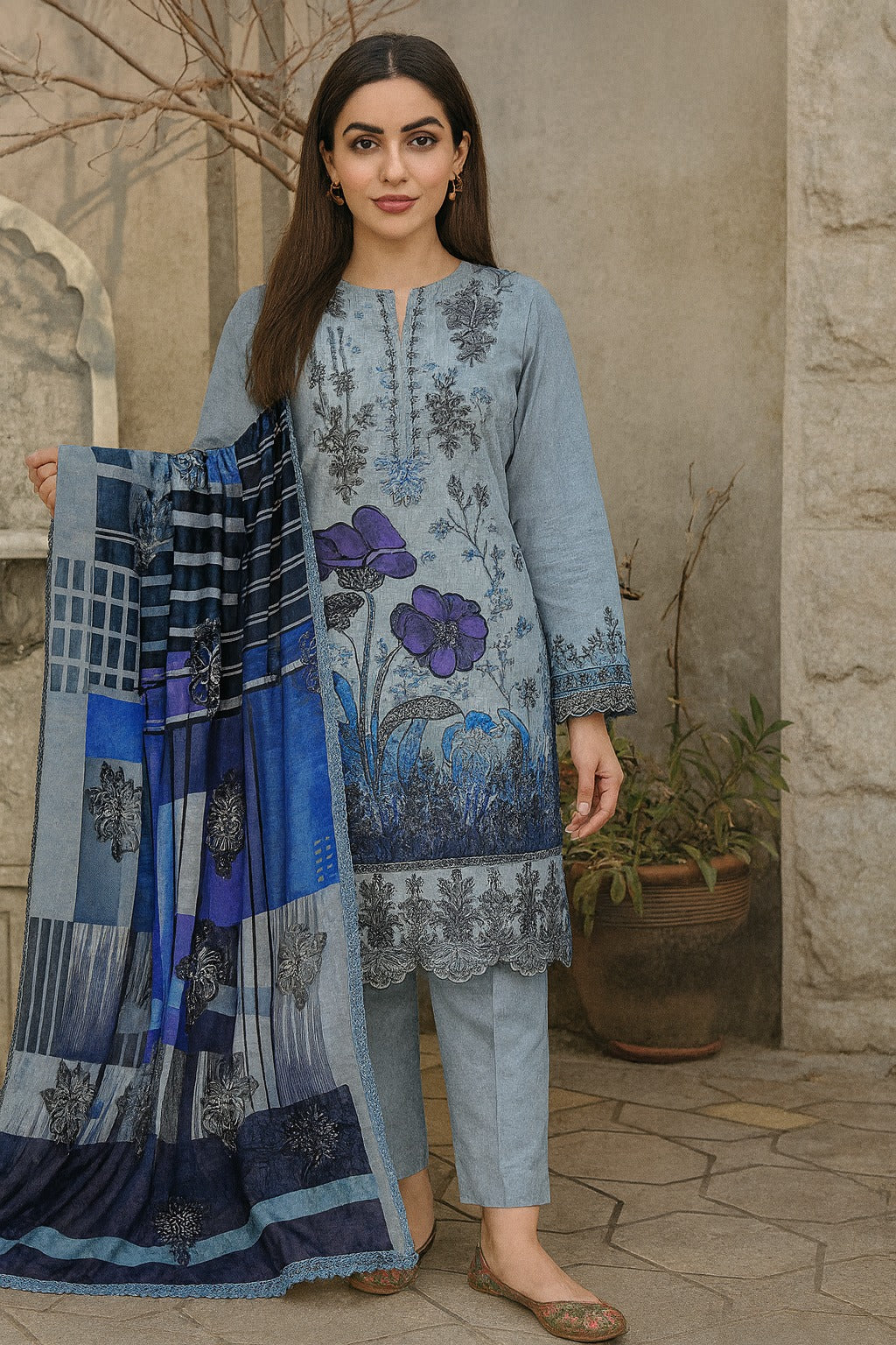 Woman holding a blue floral dress with a stone wall and plant in the background