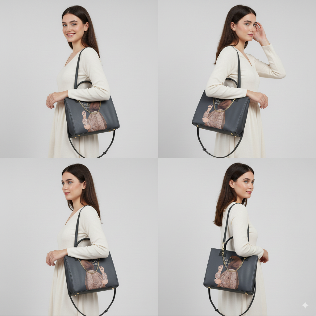 Woman holding a blue handbag with a cat design on a white background