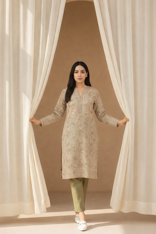 Woman in a beige printed kurta with green pants standing between white curtains.