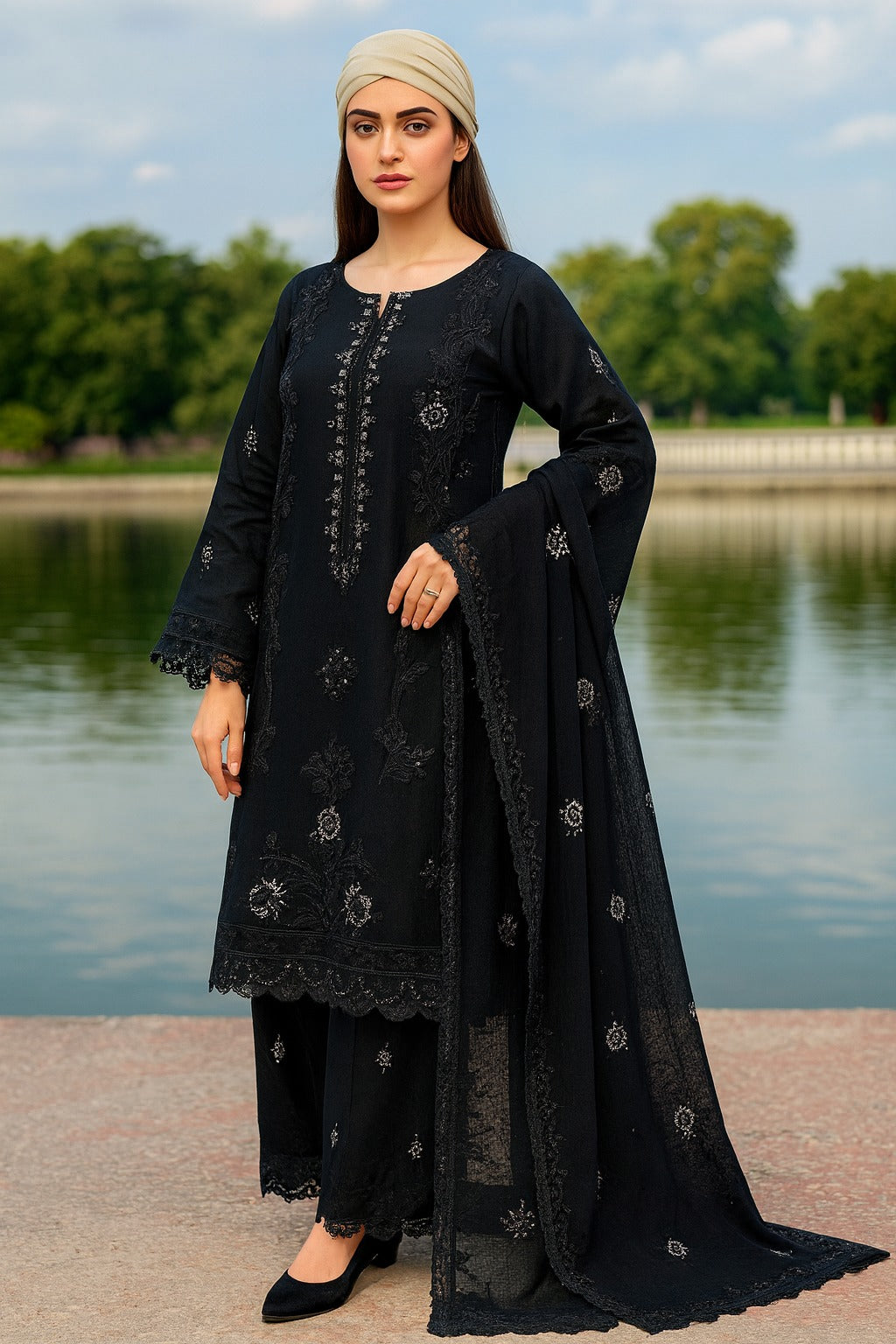 Woman in a black embroidered outfit standing by a lake with trees in the background