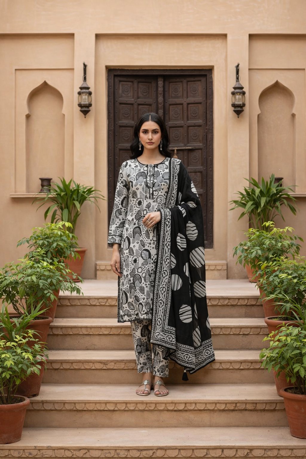 Woman in a traditional outfit standing on steps with plants around