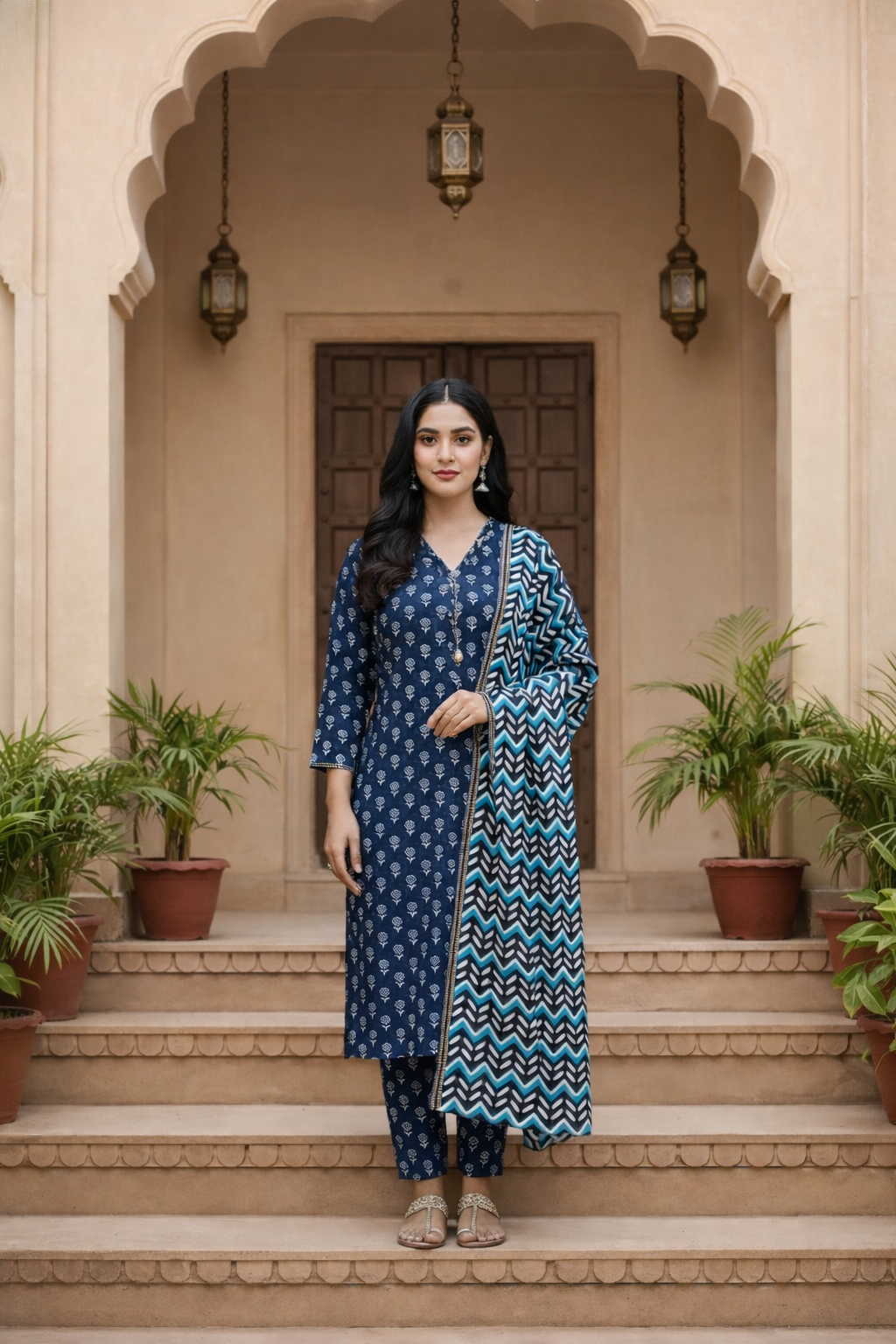 Woman in a blue patterned outfit standing on steps with plants around
