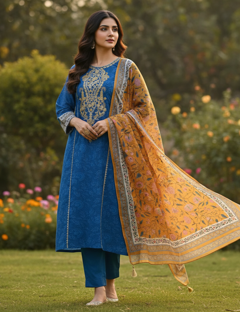 Woman in a blue traditional outfit with an orange dupatta standing in a garden.