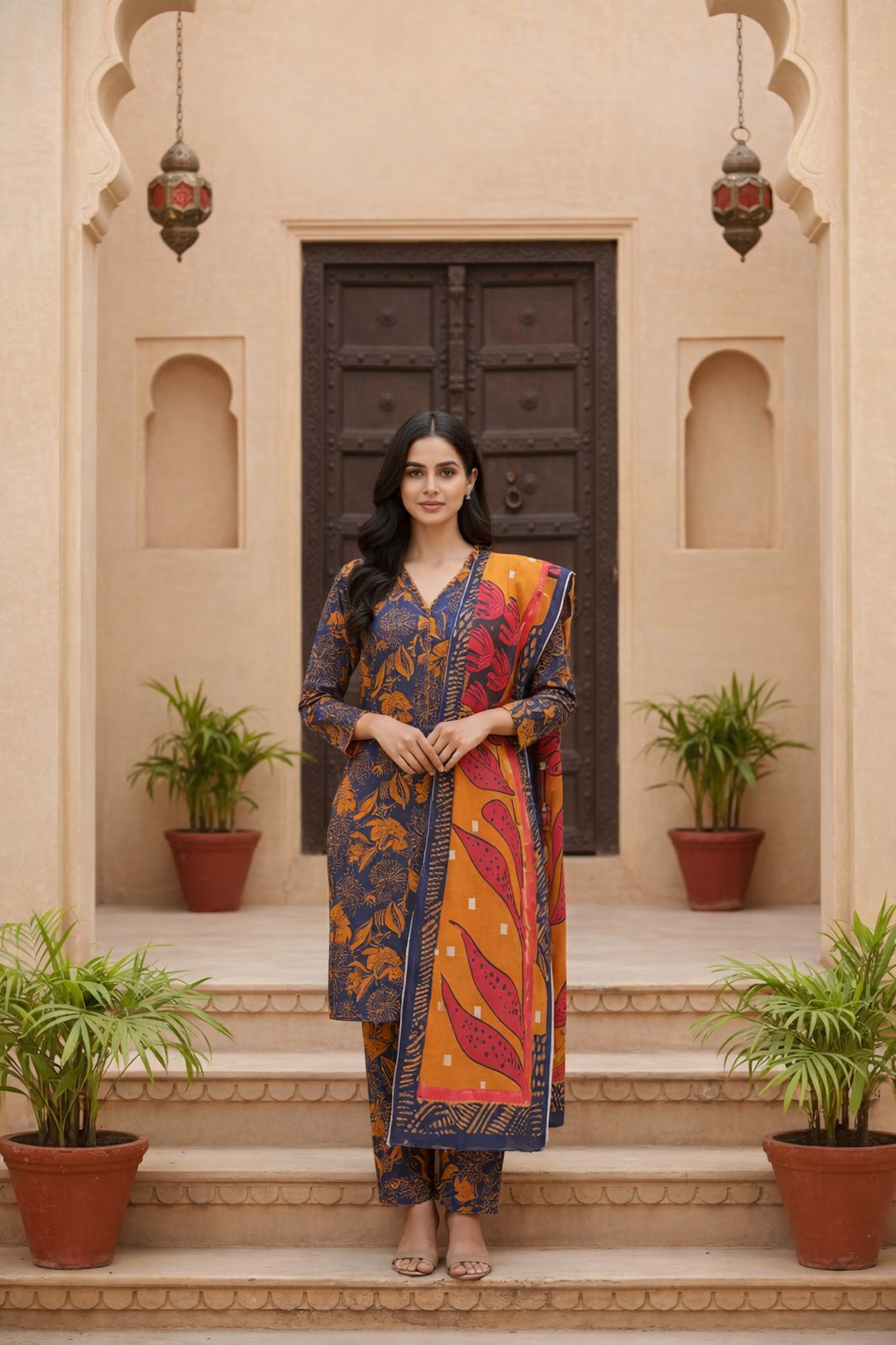 Woman in a colorful traditional outfit standing on steps with plants and architectural elements in the background