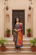 Woman in a colorful traditional outfit standing on steps with plants and architectural elements in the background