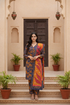 Woman in a colorful traditional outfit standing on steps with plants and architectural elements in the background