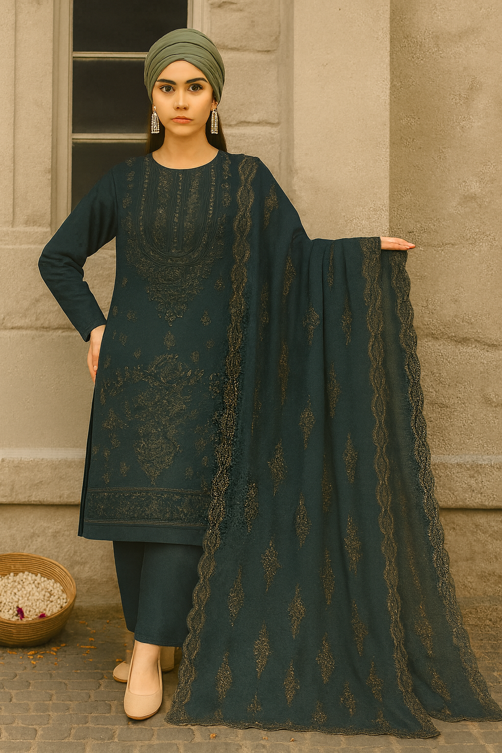 Woman in a dark green traditional outfit with a matching dupatta, standing against a stone wall.