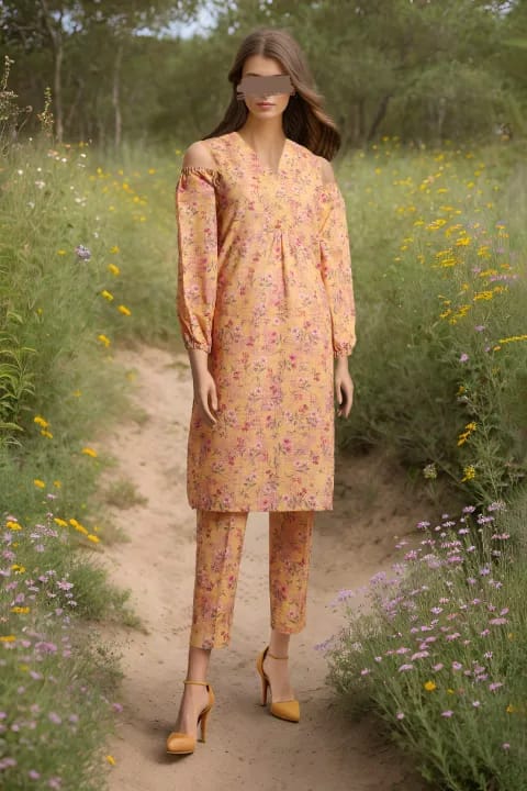 Woman in a floral dress walking through a field of flowers