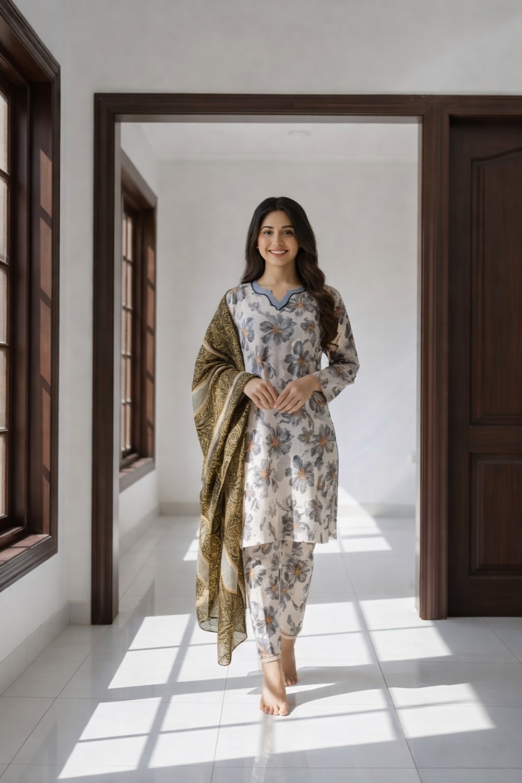 Woman in a floral outfit standing in a sunlit room with wooden doors and windows.