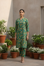 Woman in a green floral dress standing among potted plants.
