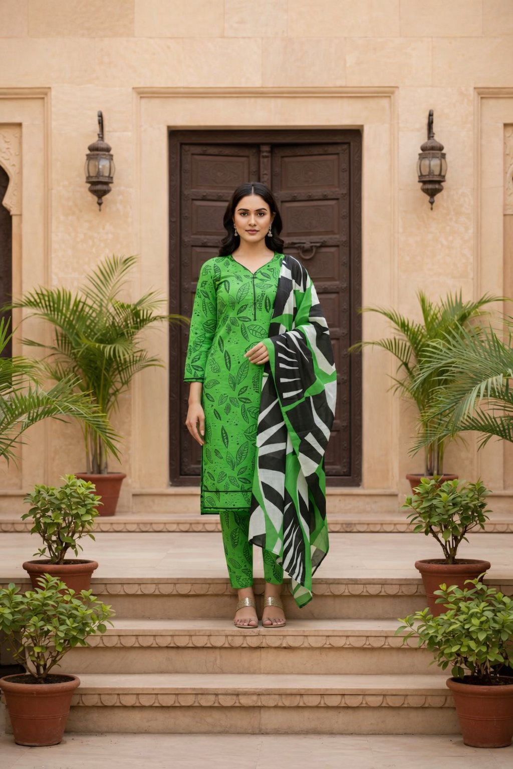 Woman in a green traditional outfit standing on steps with plants around.