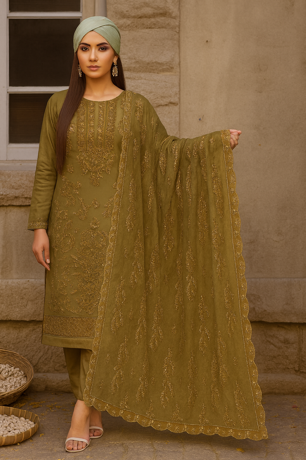 Woman in a green traditional outfit with a matching dupatta against a stone wall.