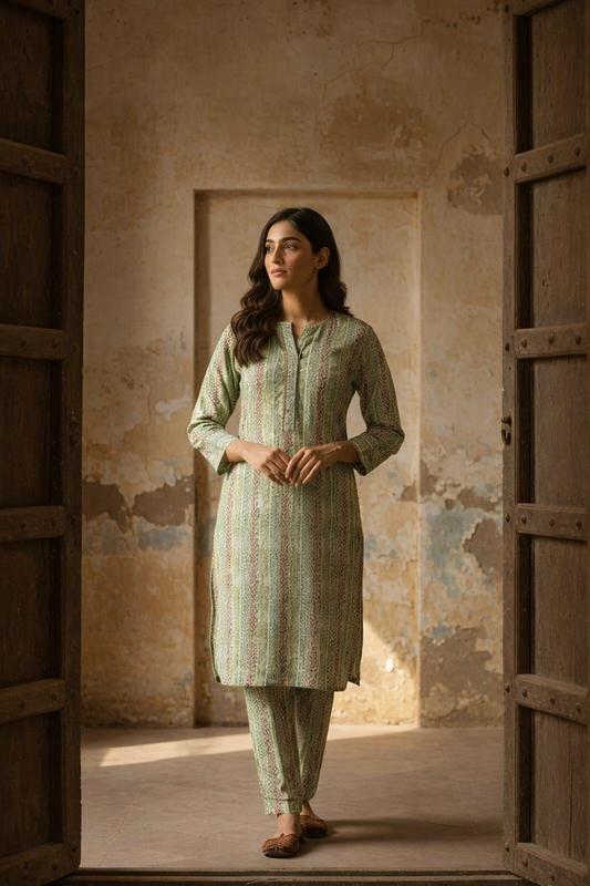 Woman in a light green traditional outfit standing in a sunlit room with textured walls.