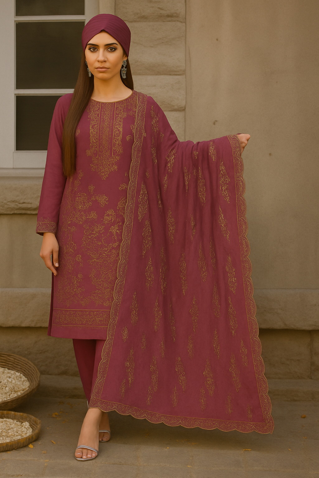 Woman in a maroon traditional outfit with gold embroidery, holding a matching dupatta.