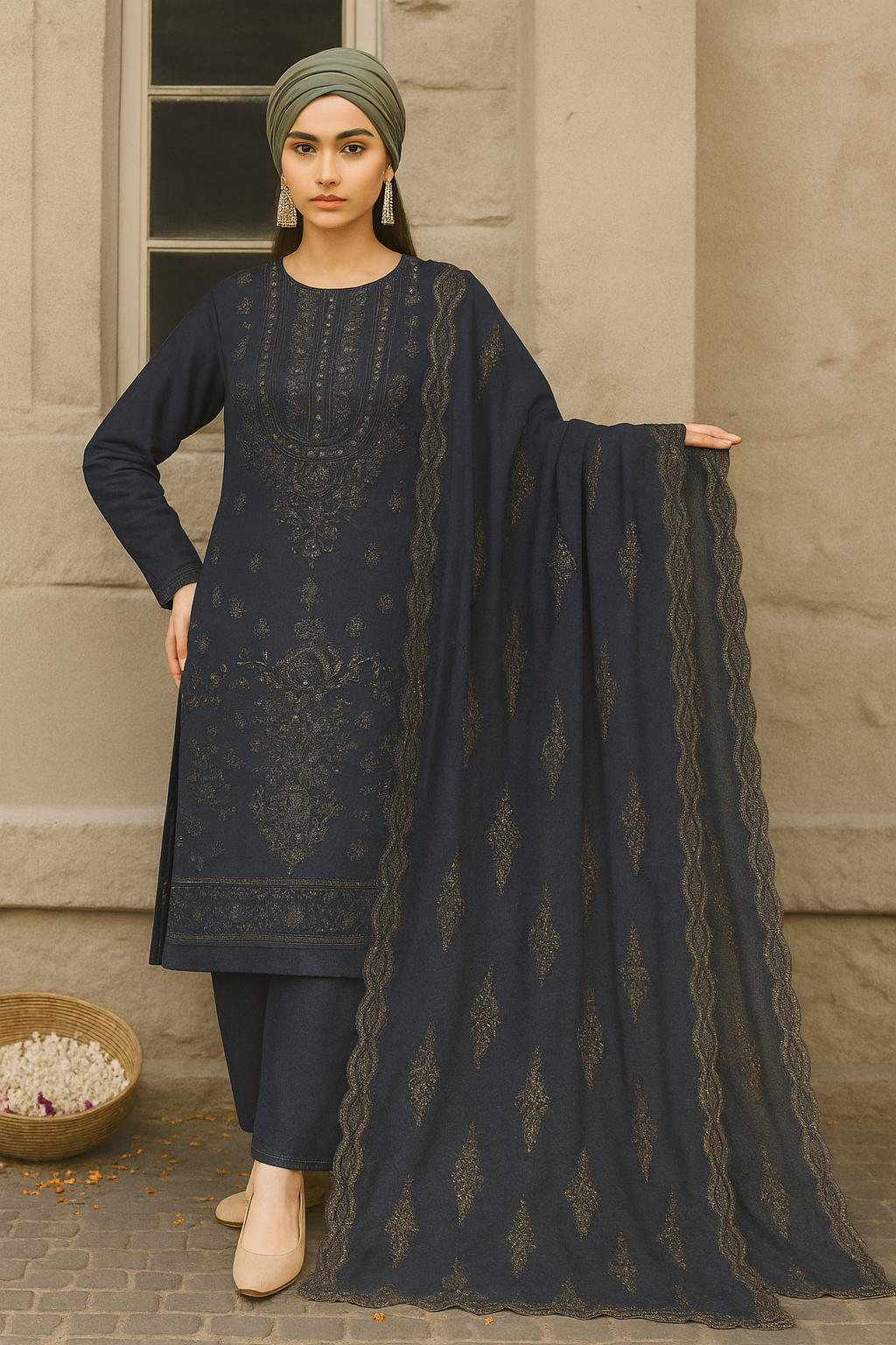 Woman in a navy blue traditional outfit with a matching dupatta against a beige wall.